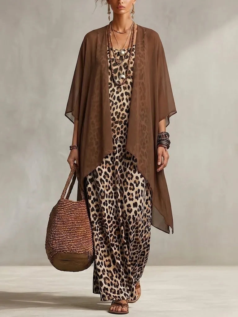 Vestido de Verano Largo de Dos Piezas  Estampado de Leopardo con Cárdigan