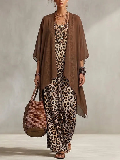 Vestido de Verano Largo de Dos Piezas  Estampado de Leopardo con Cárdigan