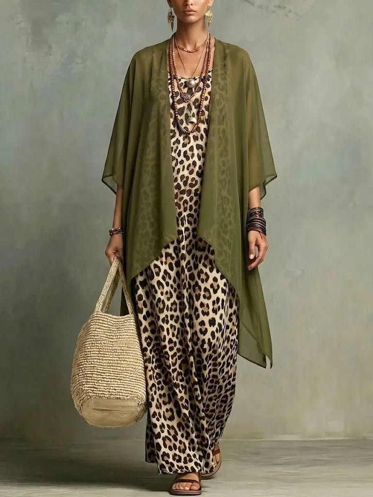 Vestido de Verano Largo de Dos Piezas  Estampado de Leopardo con Cárdigan