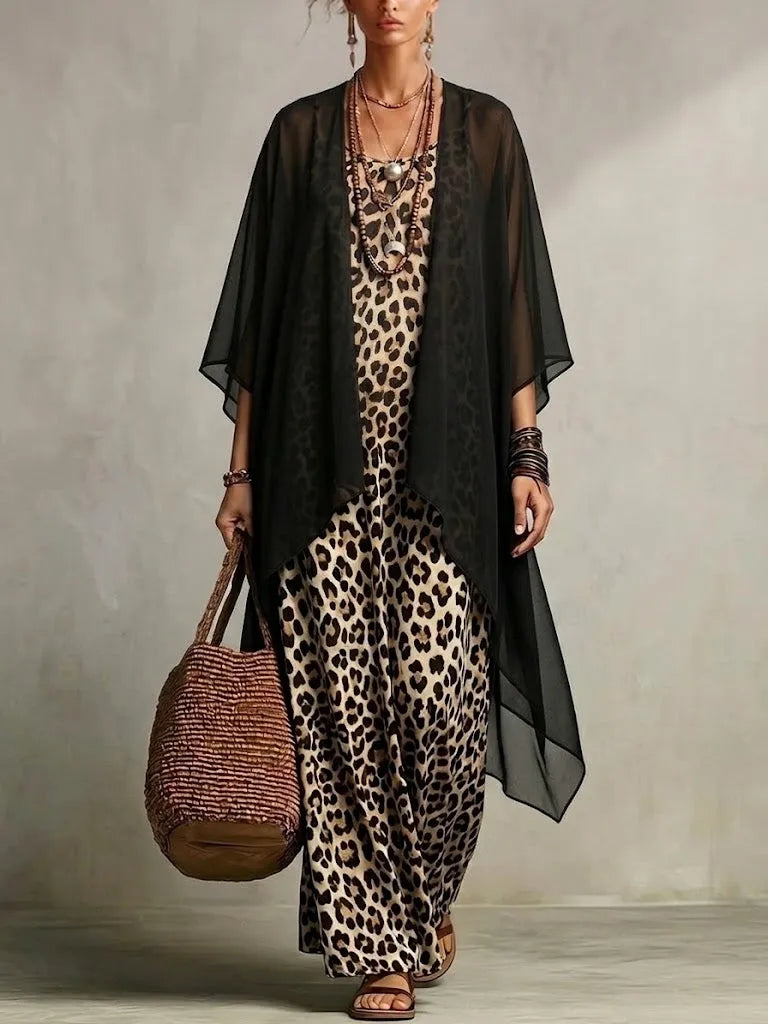 Vestido de Verano Largo de Dos Piezas  Estampado de Leopardo con Cárdigan