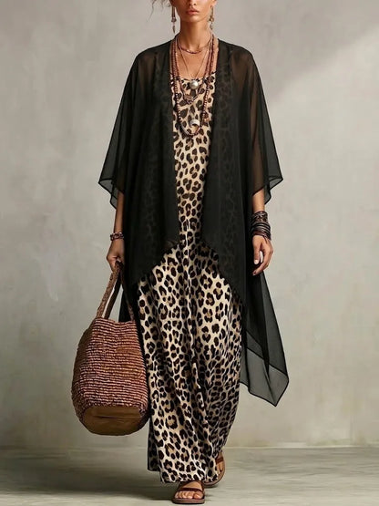 Vestido de Verano Largo de Dos Piezas  Estampado de Leopardo con Cárdigan