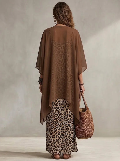Vestido de Verano Largo de Dos Piezas  Estampado de Leopardo con Cárdigan
