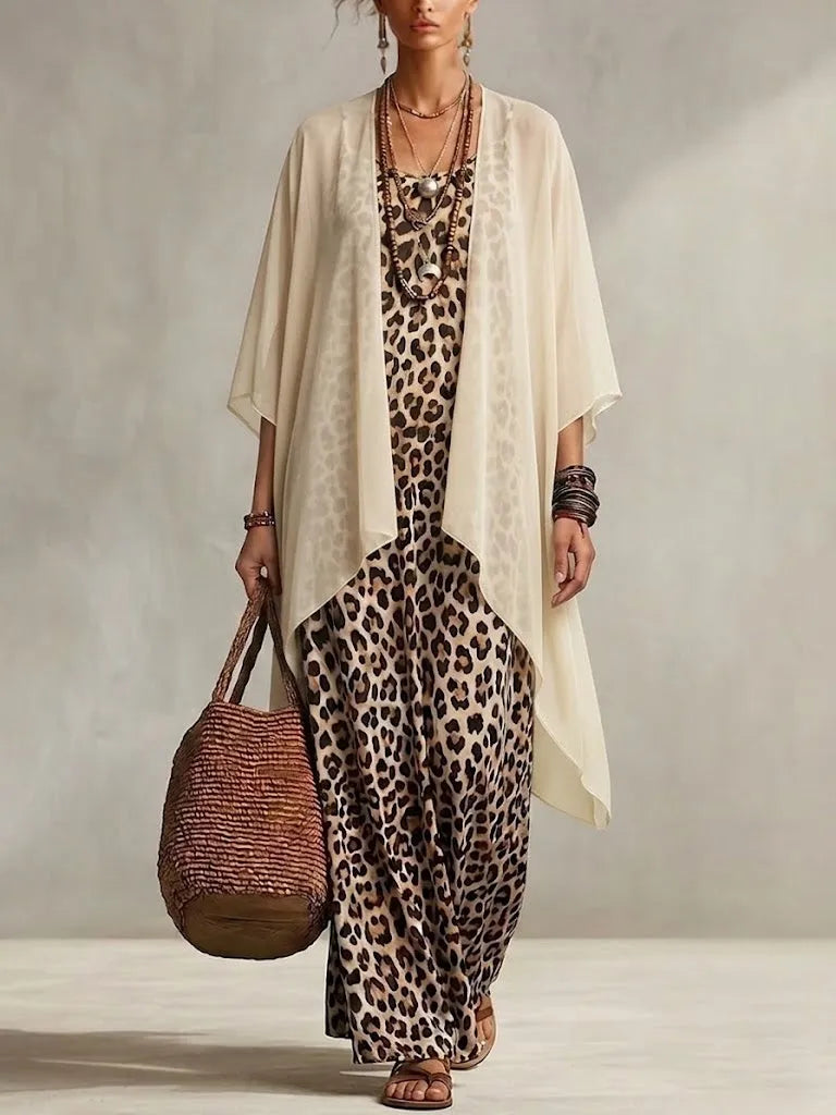 Vestido de Verano Largo de Dos Piezas  Estampado de Leopardo con Cárdigan