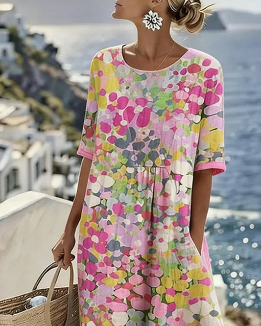 Vestido de Verano Midi Boho Casual Flores con Manga Corta