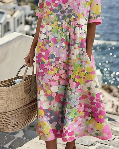 Vestido de Verano Midi Boho Casual Flores con Manga Corta