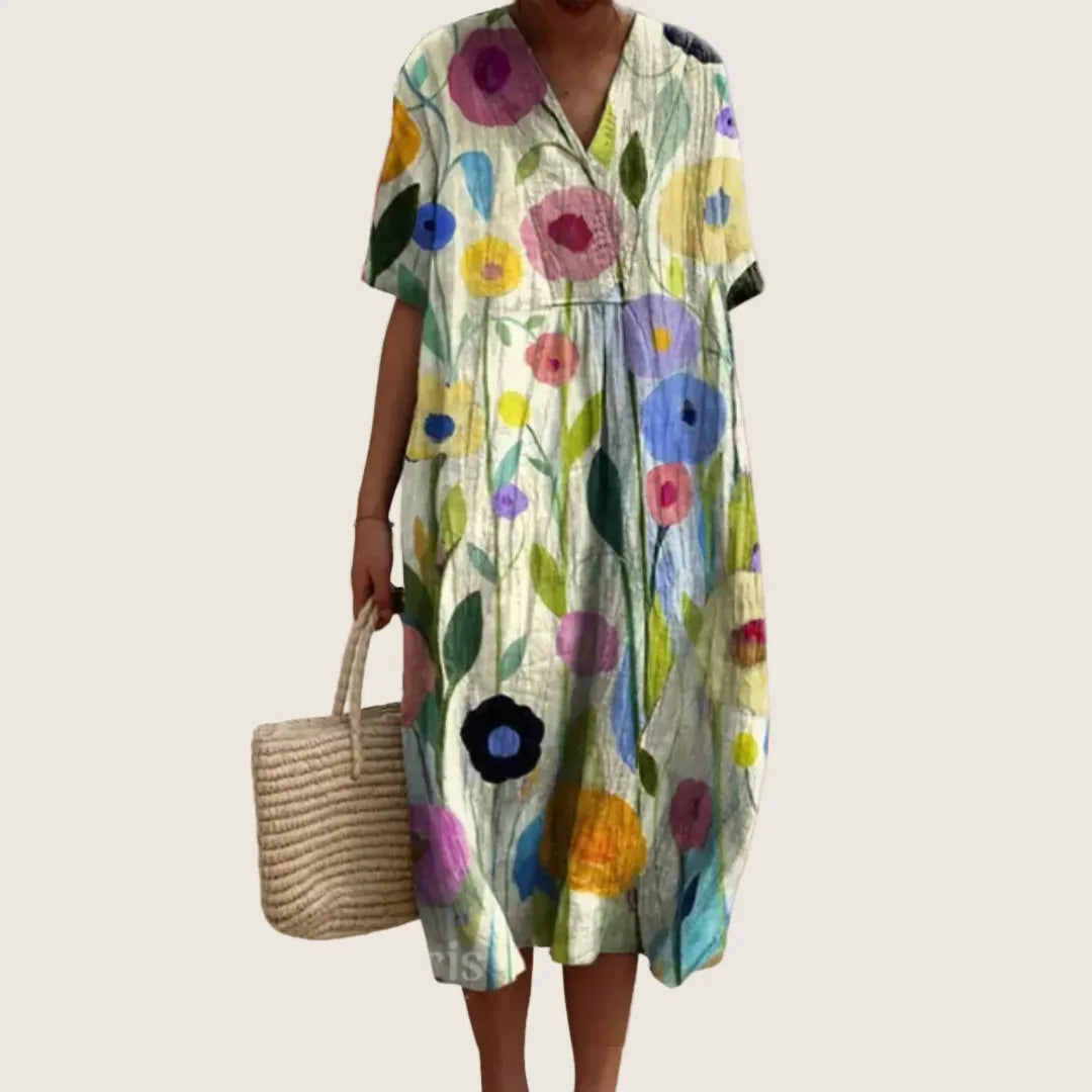 Vestido de Verano Midi Boho Casual con Flores y Manga Corta