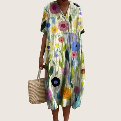 Vestido de Verano Midi Boho Casual con Flores y Manga Corta