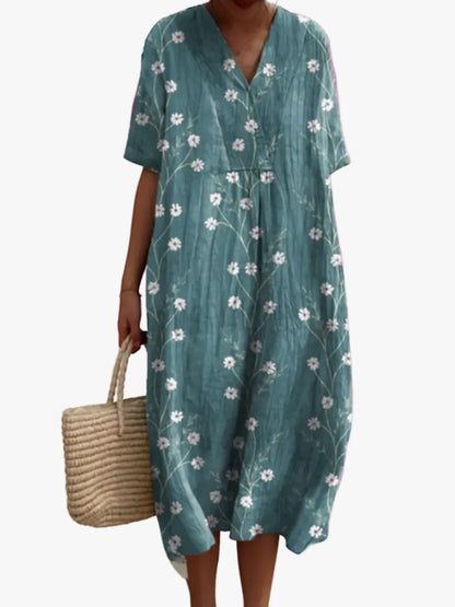 Vestido de Verano Midi Boho Casual con Flores y Manga Corta
