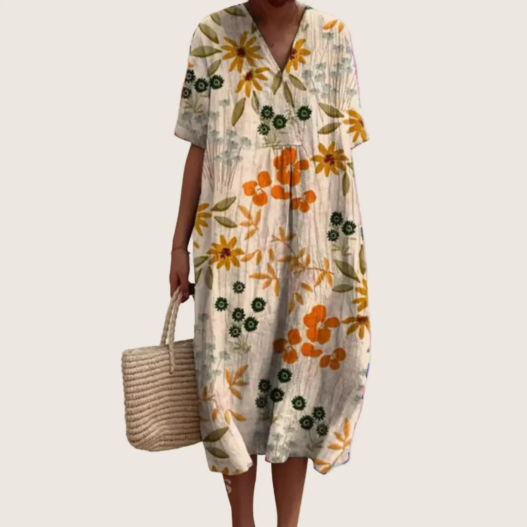 Vestido de Verano Midi Boho Casual con Flores y Manga Corta