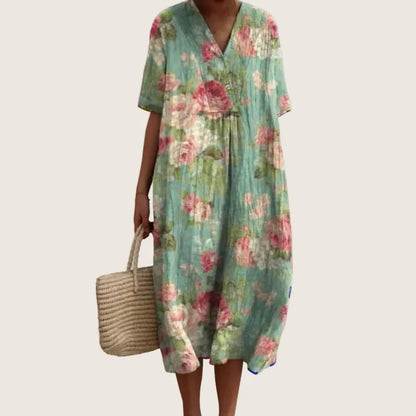Vestido de Verano Midi Boho Casual con Flores y Manga Corta