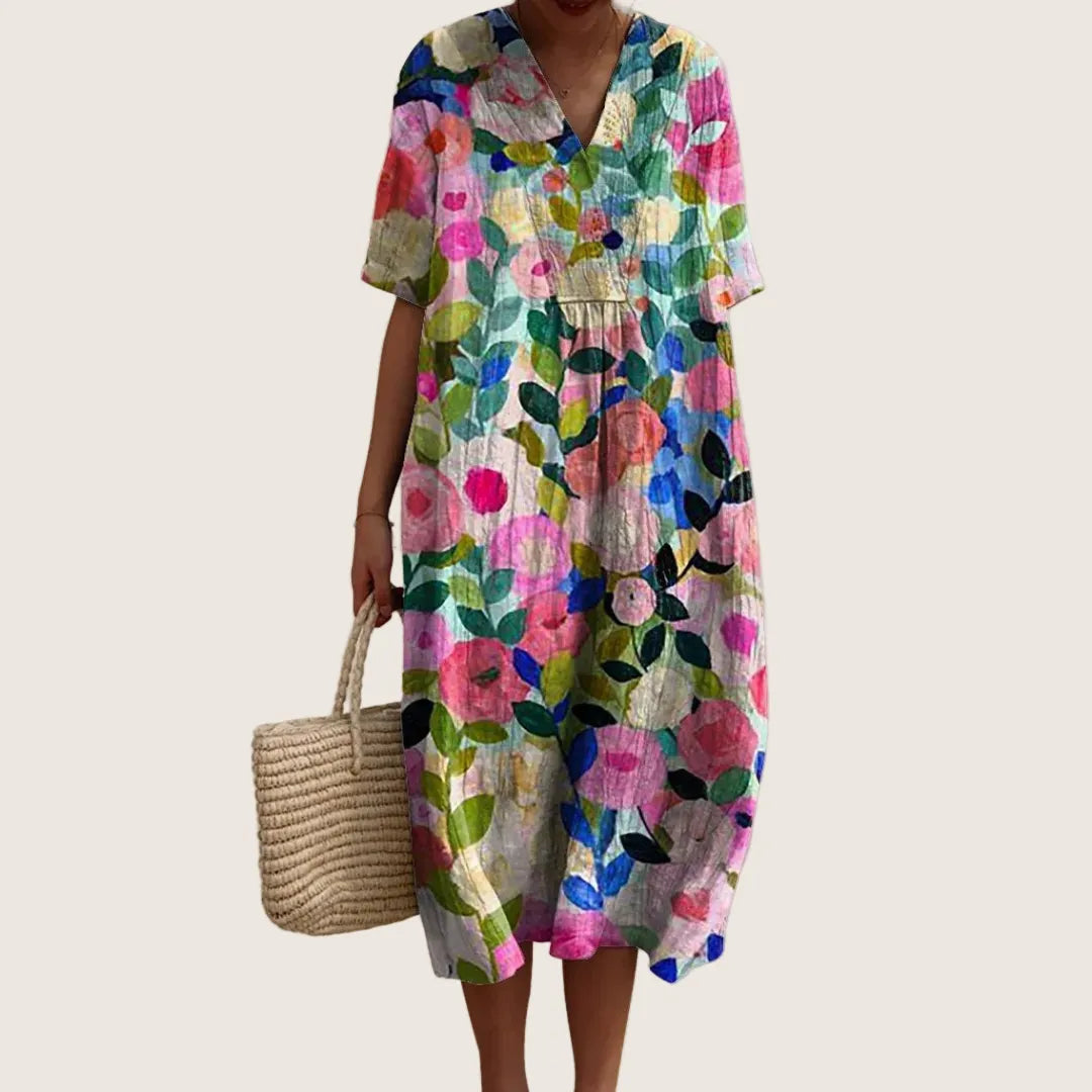 Vestido de Verano Midi Boho Casual con Flores y Manga Corta