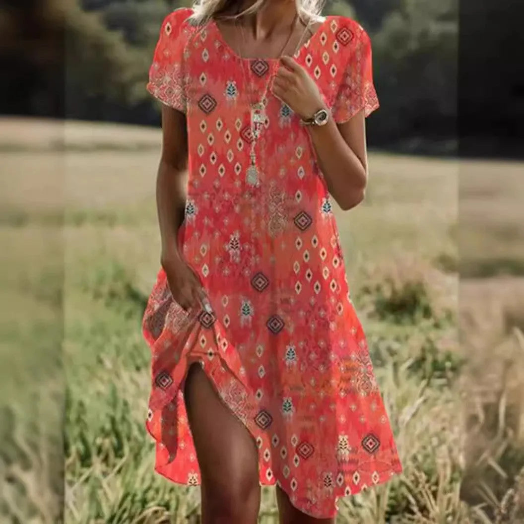 Vestido de Verano Midi Boho Elegante con Manga Corta