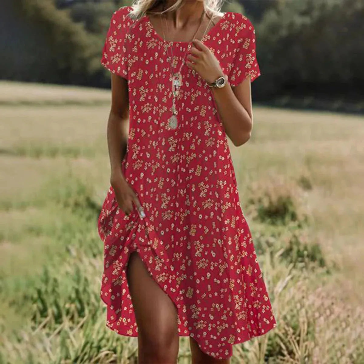 Vestido de Verano Midi Boho Elegante con Manga Corta