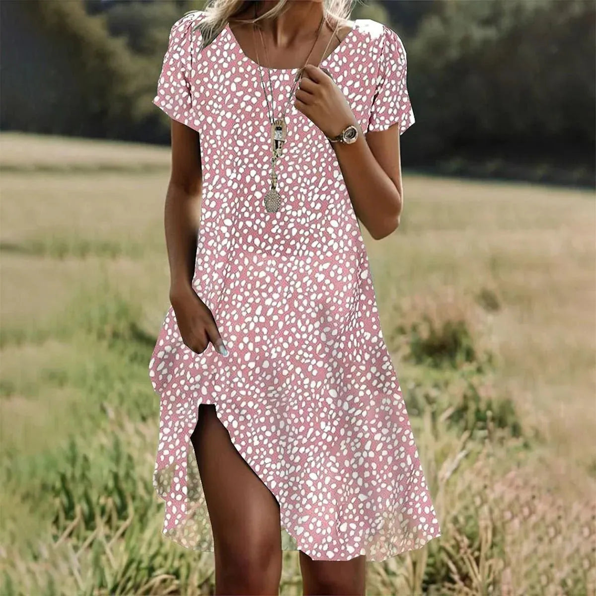 Vestido de Verano Midi Boho Elegante con Manga Corta