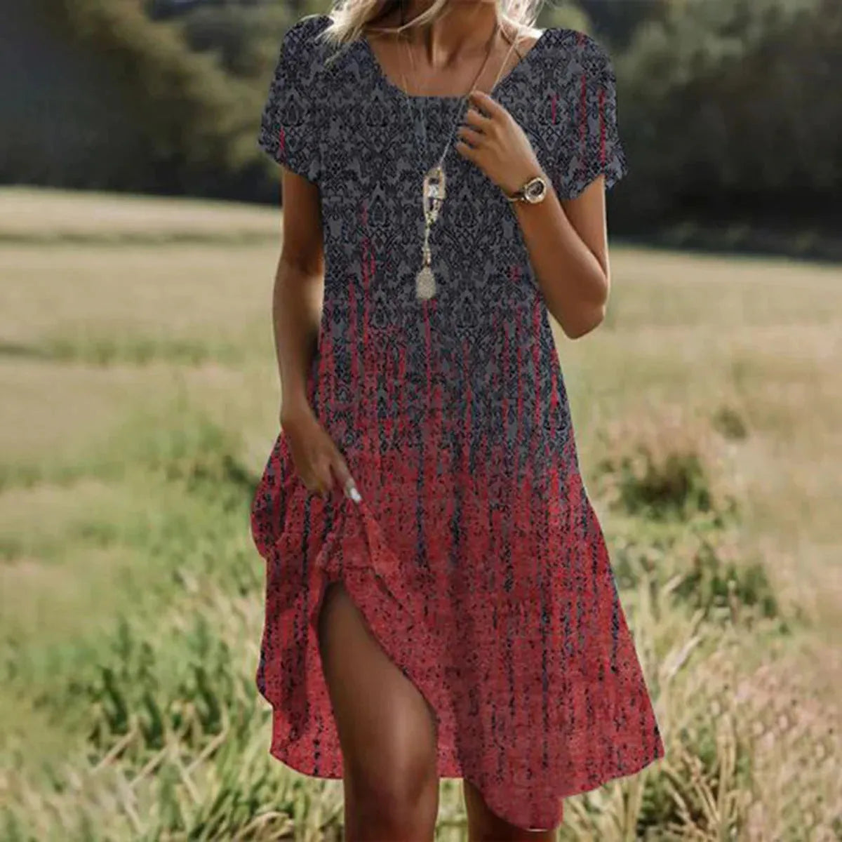 Vestido de Verano Midi Boho Elegante con Manga Corta