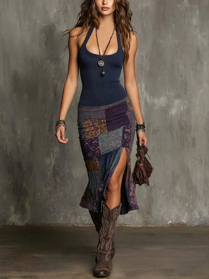 Vestido de Verano Midi Boho Estampado con Cuello Halter y Abertura