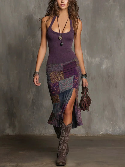 Vestido de Verano Midi Boho Estampado con Cuello Halter y Abertura