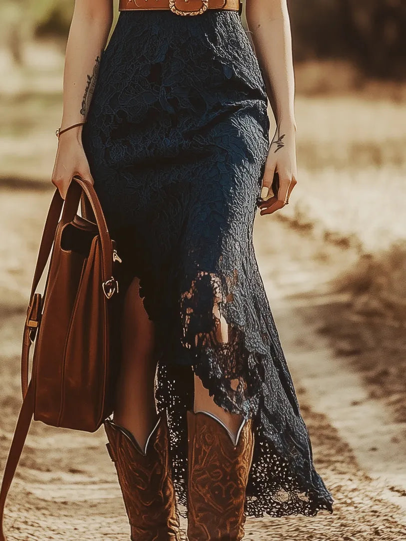 Vestido de Verano Midi Boho con Encaje y Asimétrico