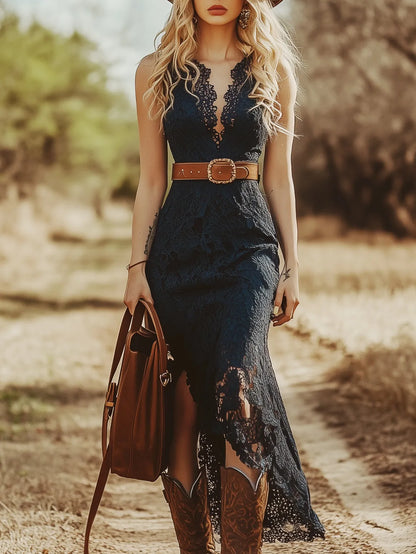 Vestido de Verano Midi Boho con Encaje y Asimétrico