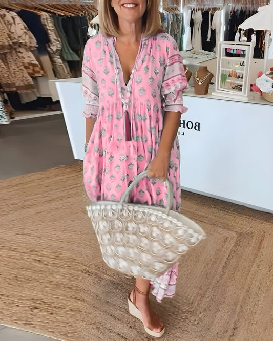 Vestido de Verano Midi Boho de Flores con Manga Corta