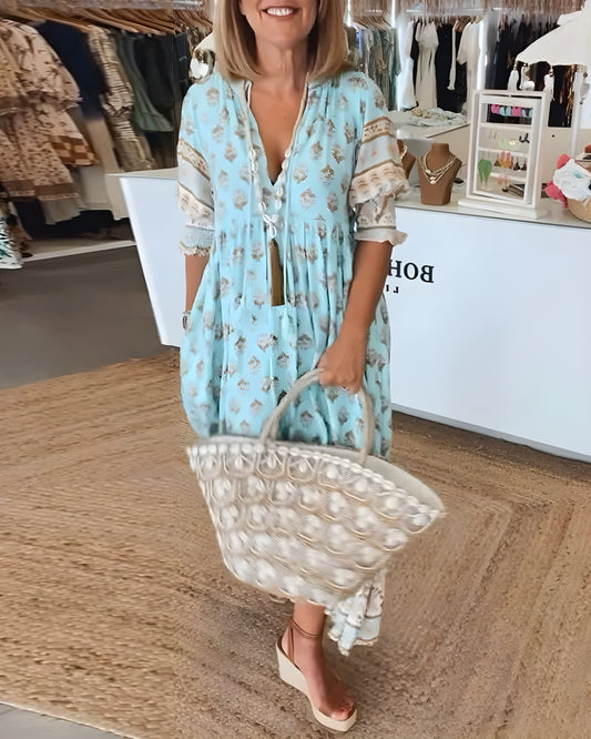 Vestido de Verano Midi Boho de Flores con Manga Corta