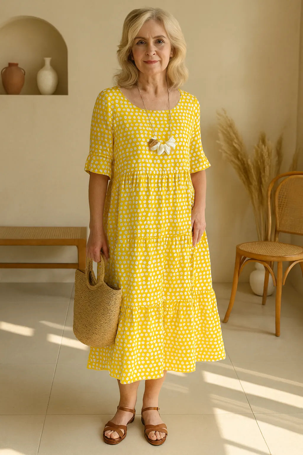 Vestido de Verano Midi Boho de Lunares con Volantes