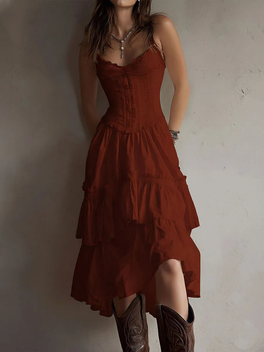 Vestido de Verano Midi Boho y Elegante con Corset y Volantes