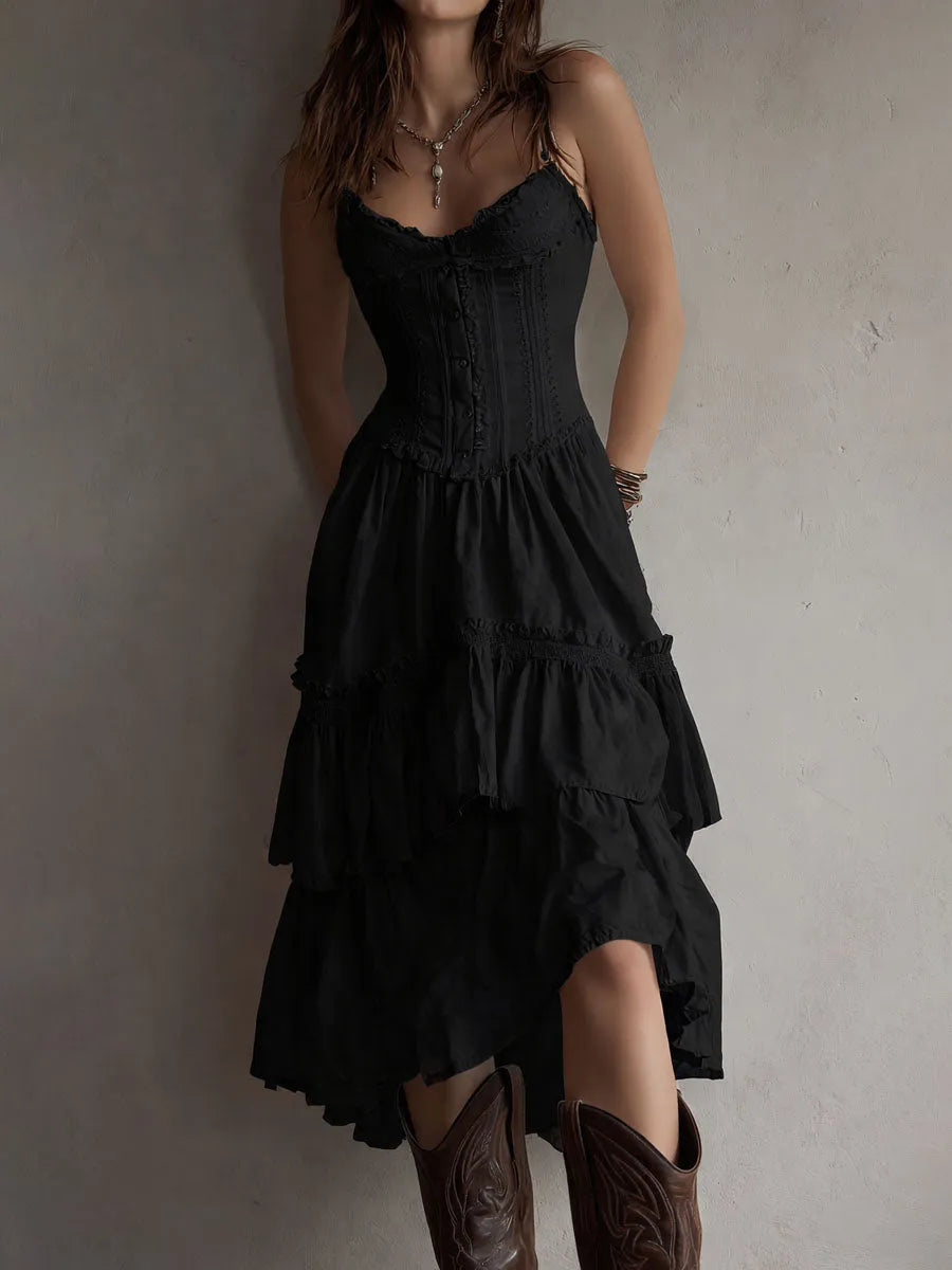 Vestido de Verano Midi Boho y Elegante con Corset y Volantes