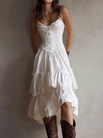 Vestido de Verano Midi Boho y Elegante con Corset y Volantes