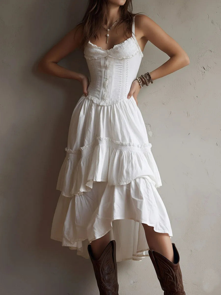 Vestido de Verano Midi Boho y Elegante con Corset y Volantes