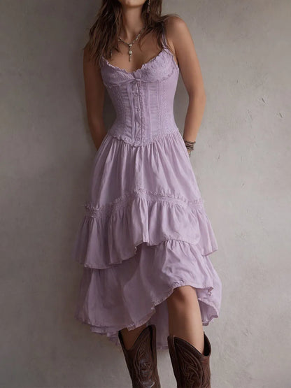 Vestido de Verano Midi Boho y Elegante con Corset y Volantes