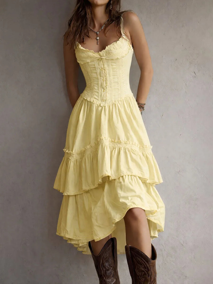 Vestido de Verano Midi Boho y Elegante con Corset y Volantes
