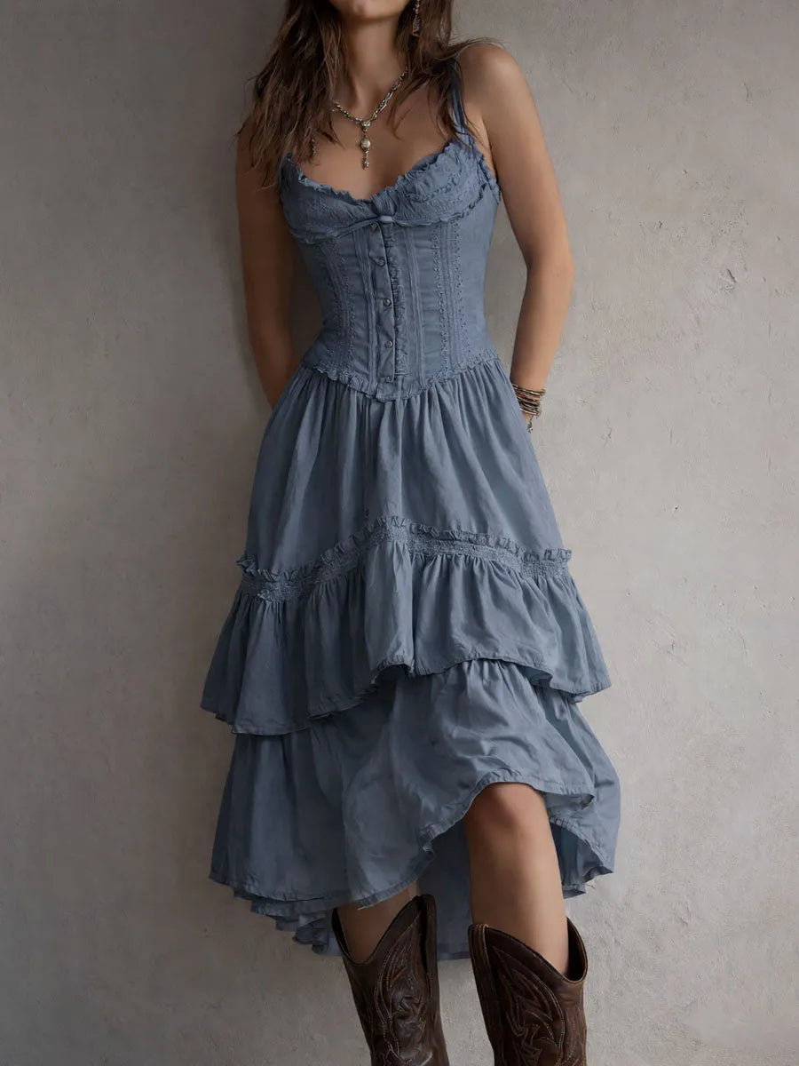 Vestido de Verano Midi Boho y Elegante con Corset y Volantes