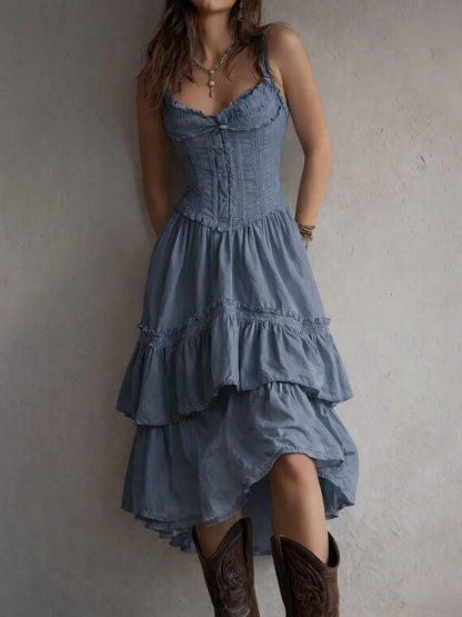 Vestido de Verano Midi Boho y Elegante con Corset y Volantes