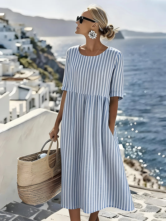 Vestido de Verano Midi Casual Azul con Manga Corta