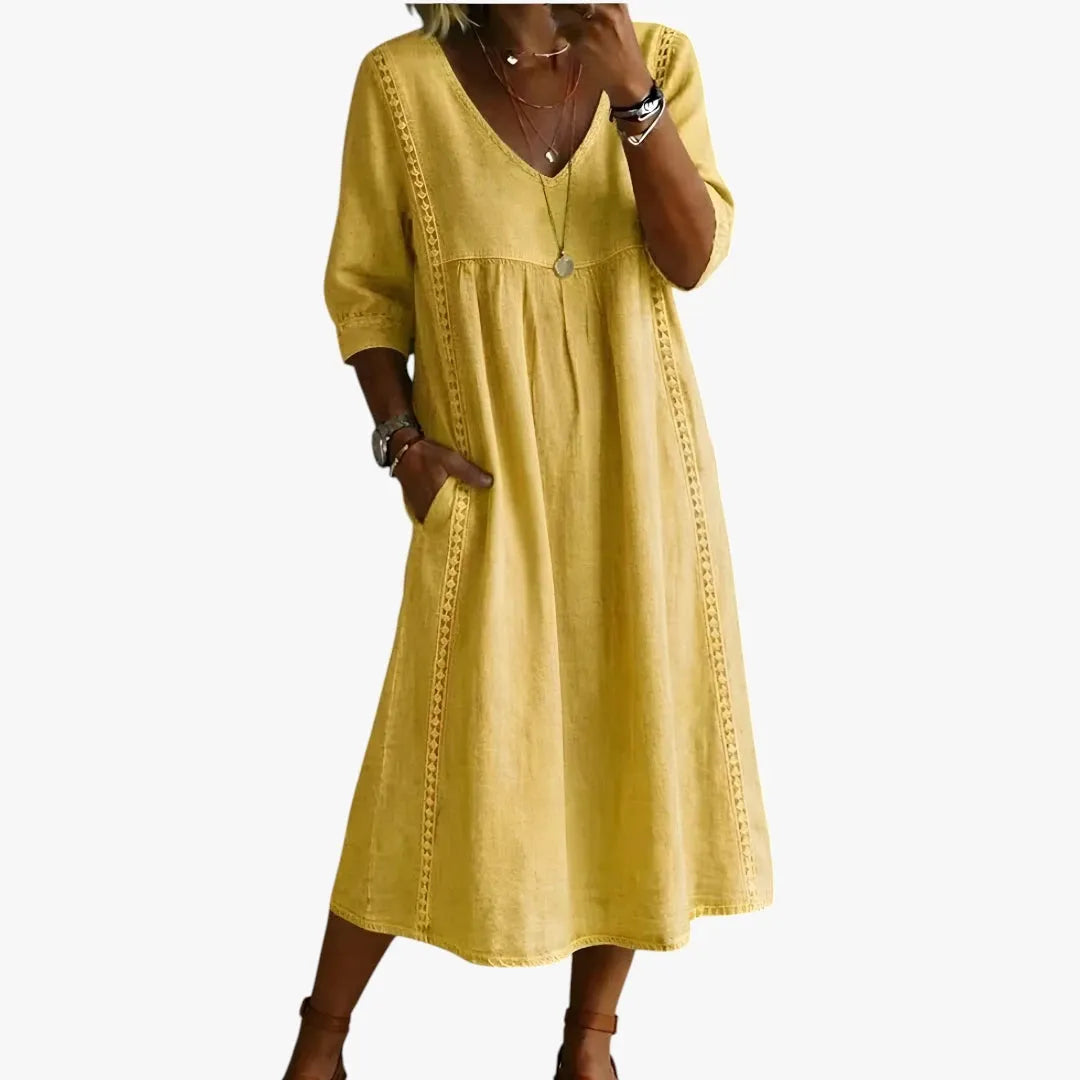Vestido de Verano Midi Casual Boho con Bolsillos y Escote en V