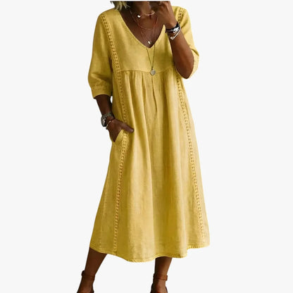 Vestido de Verano Midi Casual Boho con Bolsillos y Escote en V