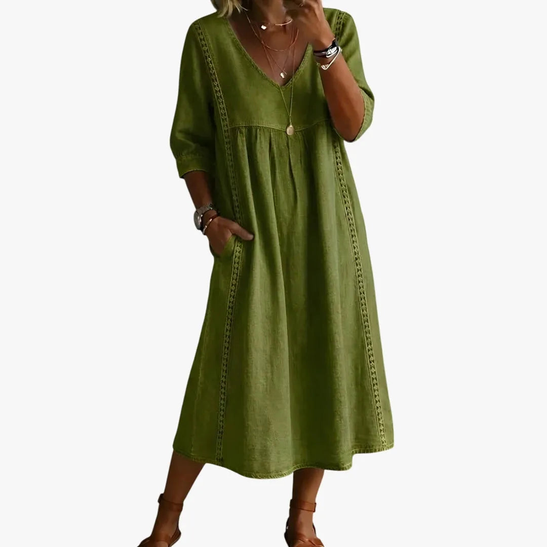 Vestido de Verano Midi Casual Boho con Bolsillos y Escote en V