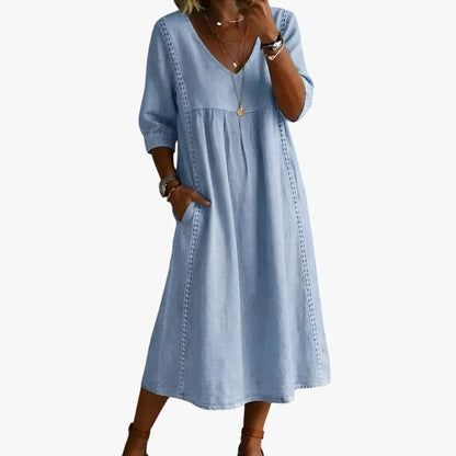 Vestido de Verano Midi Casual Boho con Bolsillos y Escote en V