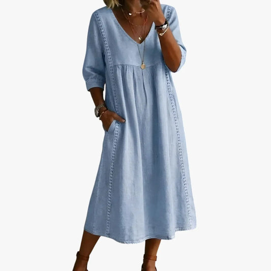 Vestido de Verano Midi Casual Boho con Bolsillos y Escote en V