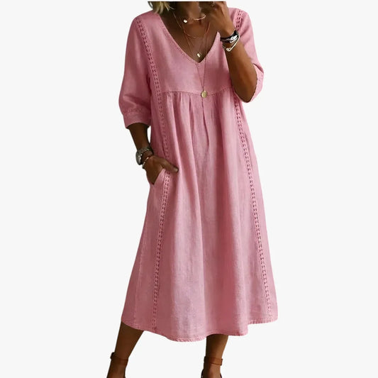 Vestido de Verano Midi Casual Boho con Bolsillos y Escote en V