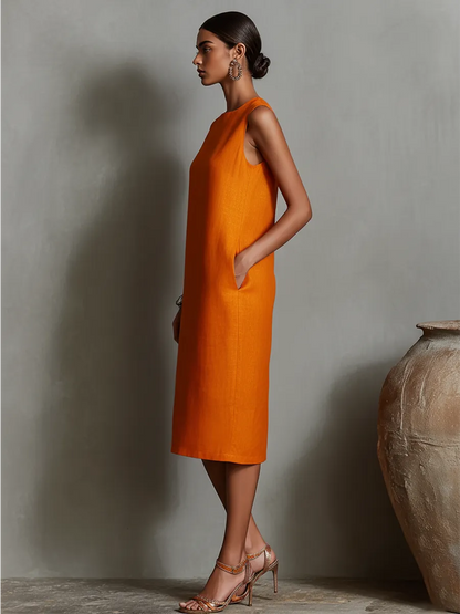 Vestido de Verano Midi Casual Cuello Redondo con Bolsillos