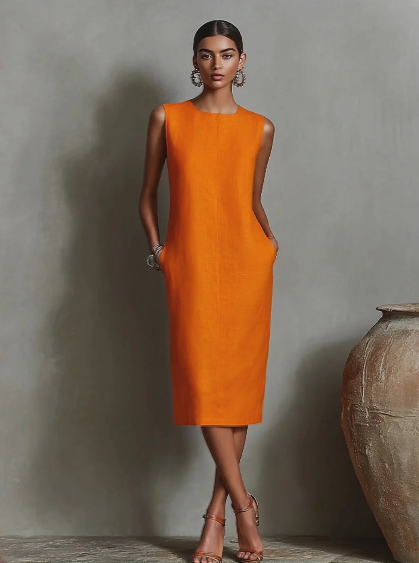 Vestido de Verano Midi Casual Cuello Redondo con Bolsillos
