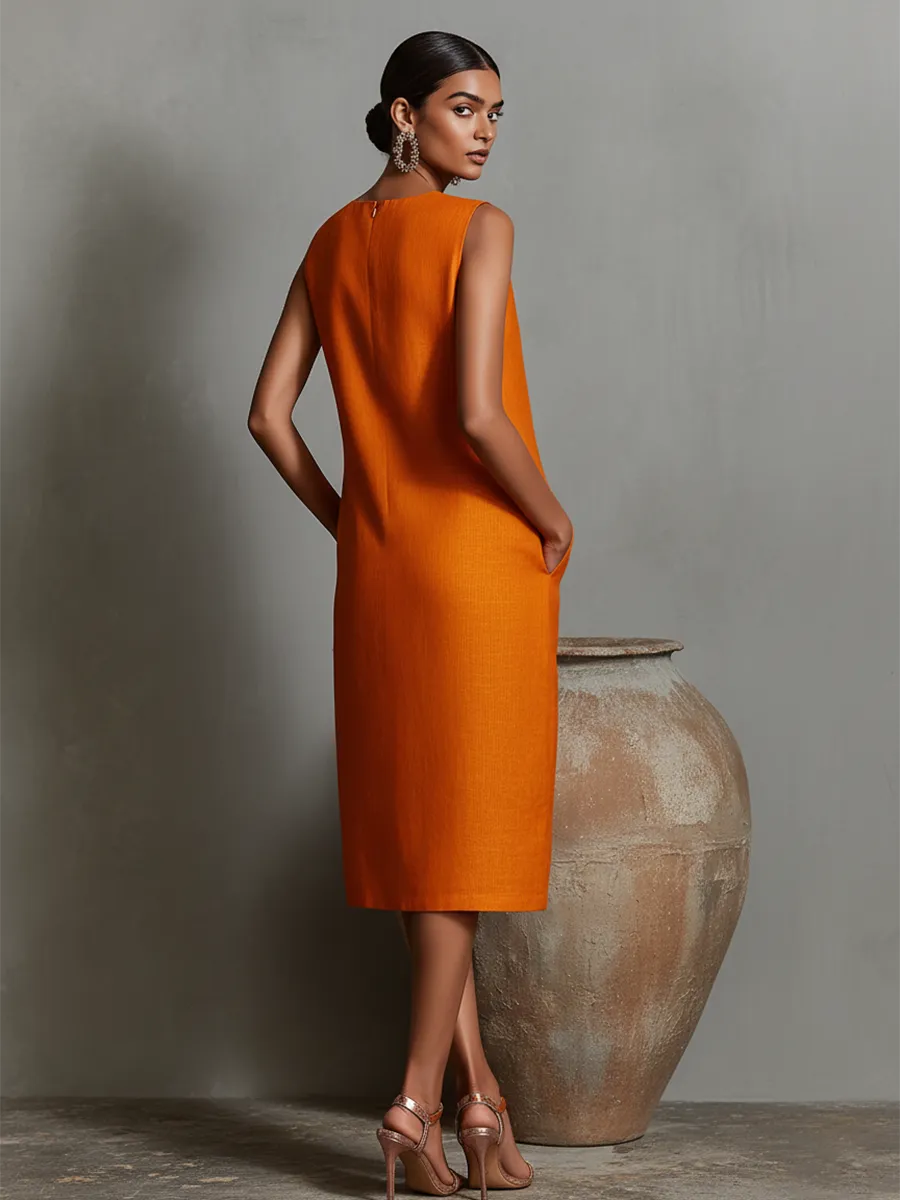 Vestido de Verano Midi Casual Cuello Redondo con Bolsillos