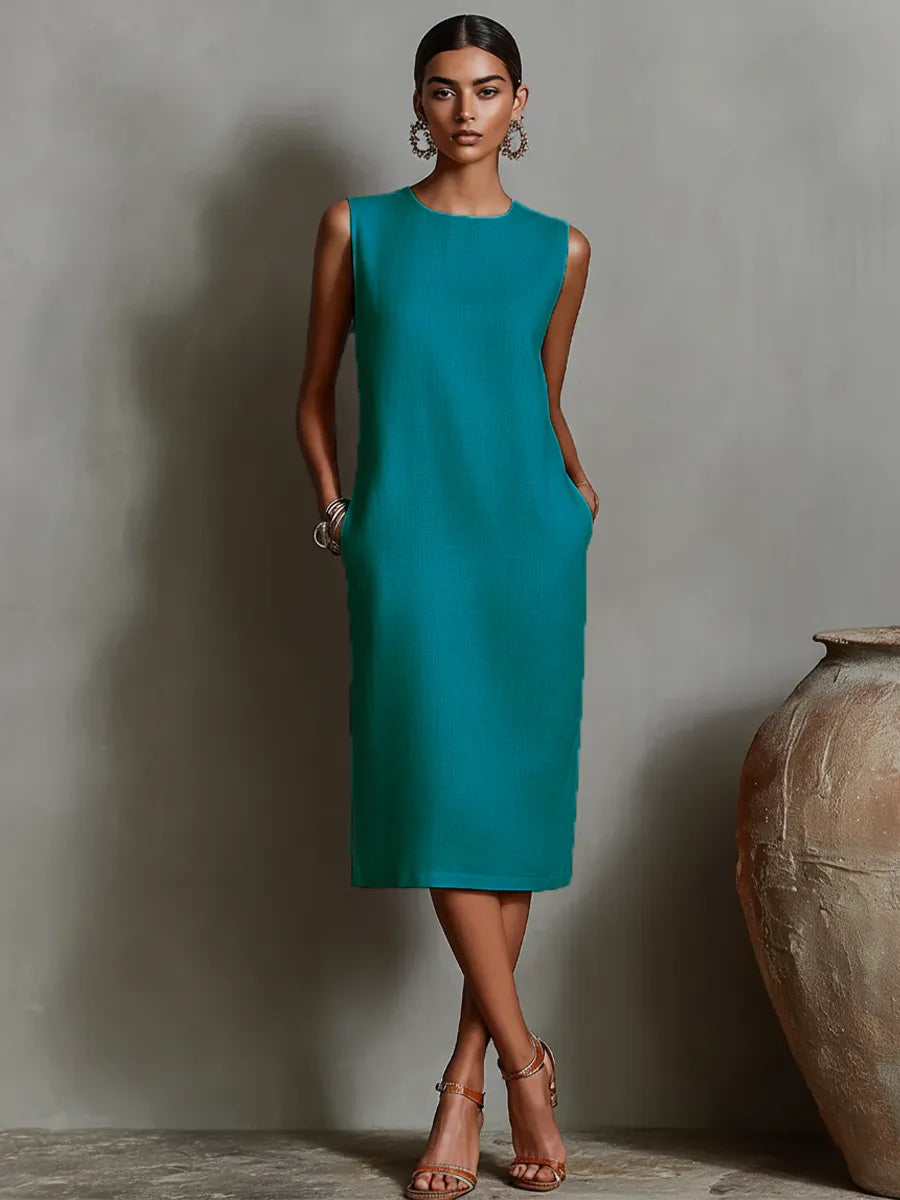 Vestido de Verano Midi Casual Cuello Redondo con Bolsillos