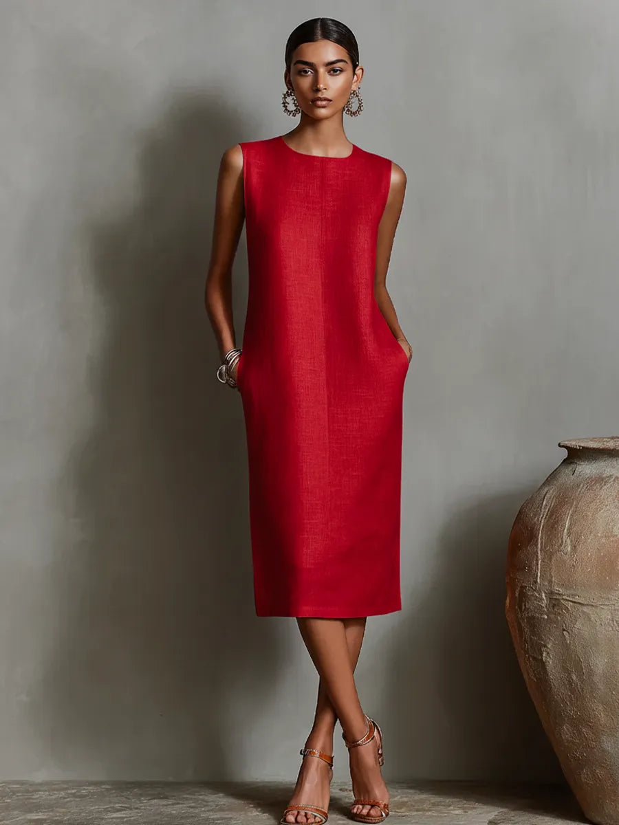 Vestido de Verano Midi Casual Cuello Redondo con Bolsillos