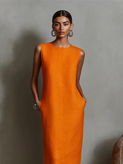 Vestido de Verano Midi Casual Cuello Redondo con Bolsillos