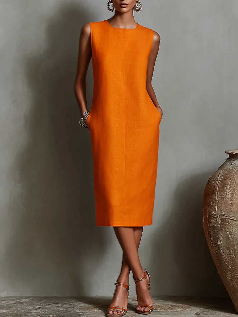 Vestido de Verano Midi Casual Cuello Redondo con Bolsillos