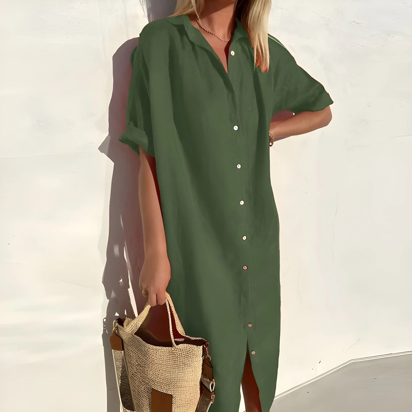 Vestido de Verano Midi Casual Elegante con Cierre de Botones
