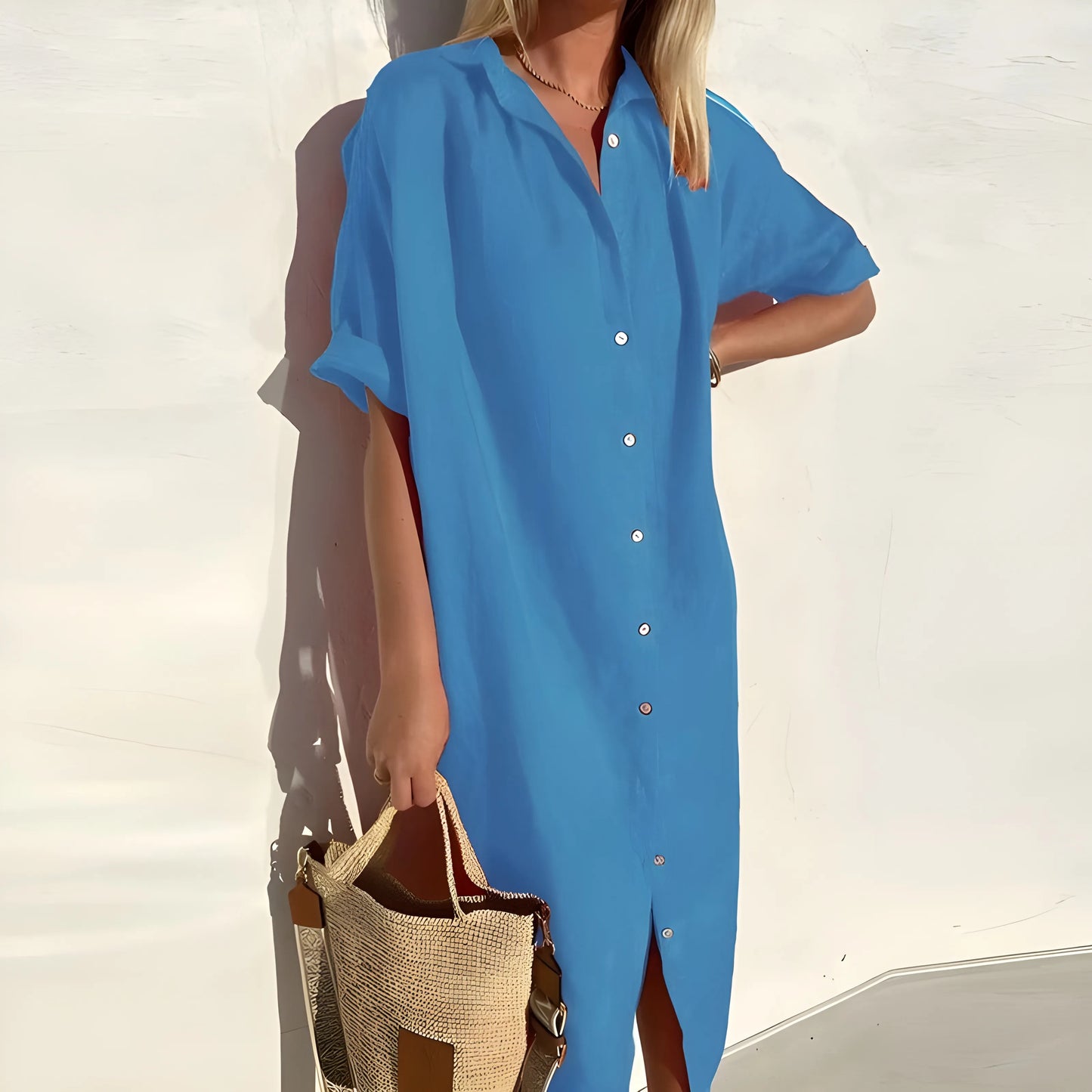 Vestido de Verano Midi Casual Elegante con Cierre de Botones